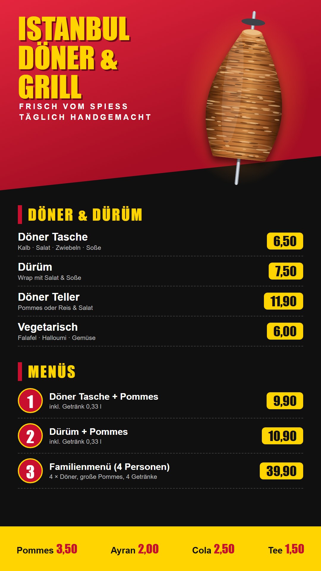 Dönerladen: Speisekarte im Hochformat